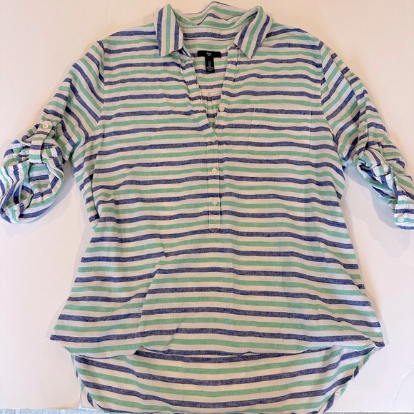 Gap linen textured blue and green striped popover shirt - Women’s size large - Picture 4 of 4